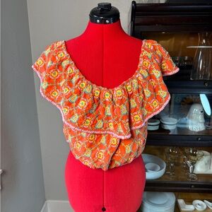 Topshop Embroidered Ruffle Cropped Orange Boho Festival Peasant Top Size 12